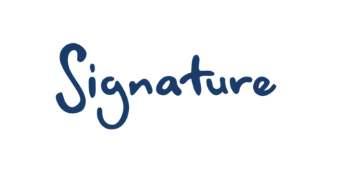 Word signature. blue writing on white background